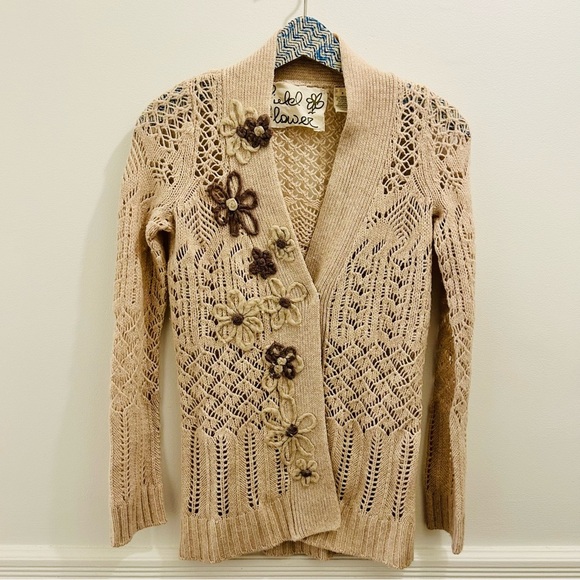 Anthropologie Field Flower Cardigan small tan beige wool cashmere crochet - Picture 13 of 13